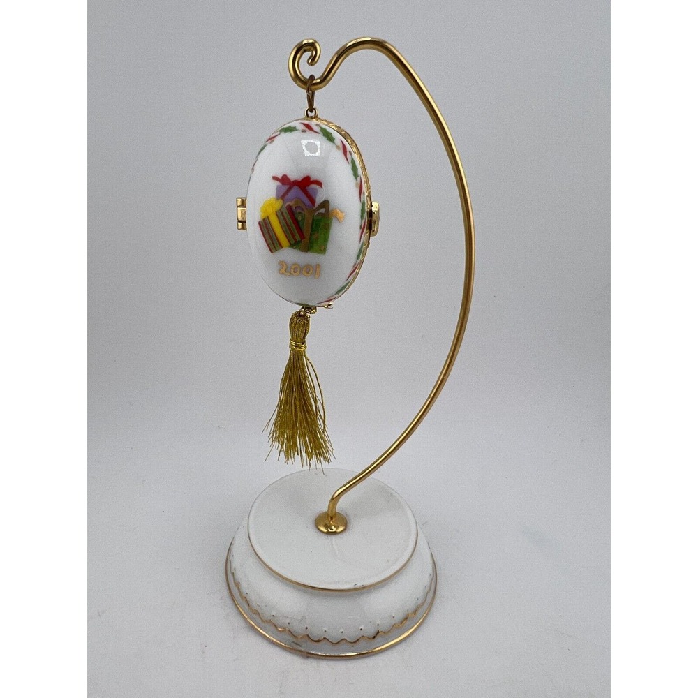 Vintage Christmas 2001 Egg Ornament On Stand Treasure Box Present Christmas Tree